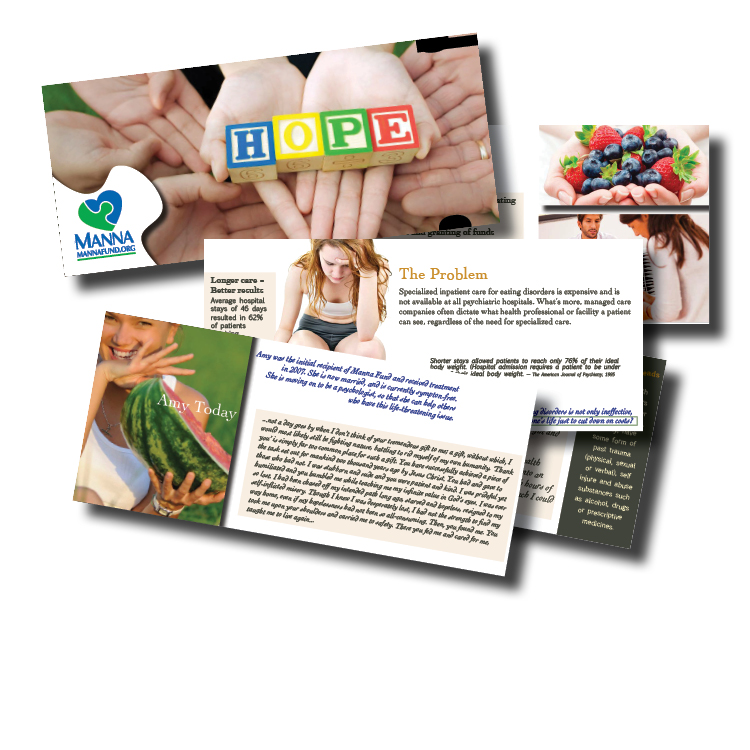 Non-profit brochure for Manna Fund. Cutouts at right side of horizontal brochure hold rubber MANNA FUND bracelet.